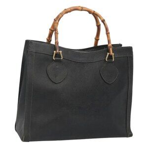 GUCCI Bamboo Hand Bag Leather Black Gold